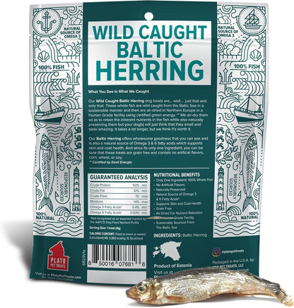 Plato Pet Treats Fish Dog Treats - Air-Dried, Single Ingredient Pet Treat - Omega 3 & 6 Fatty Acids to Support Skin and Coat - 100% Whole Fish - Wild Caught Baltic Herring - 3oz - 2 Pack