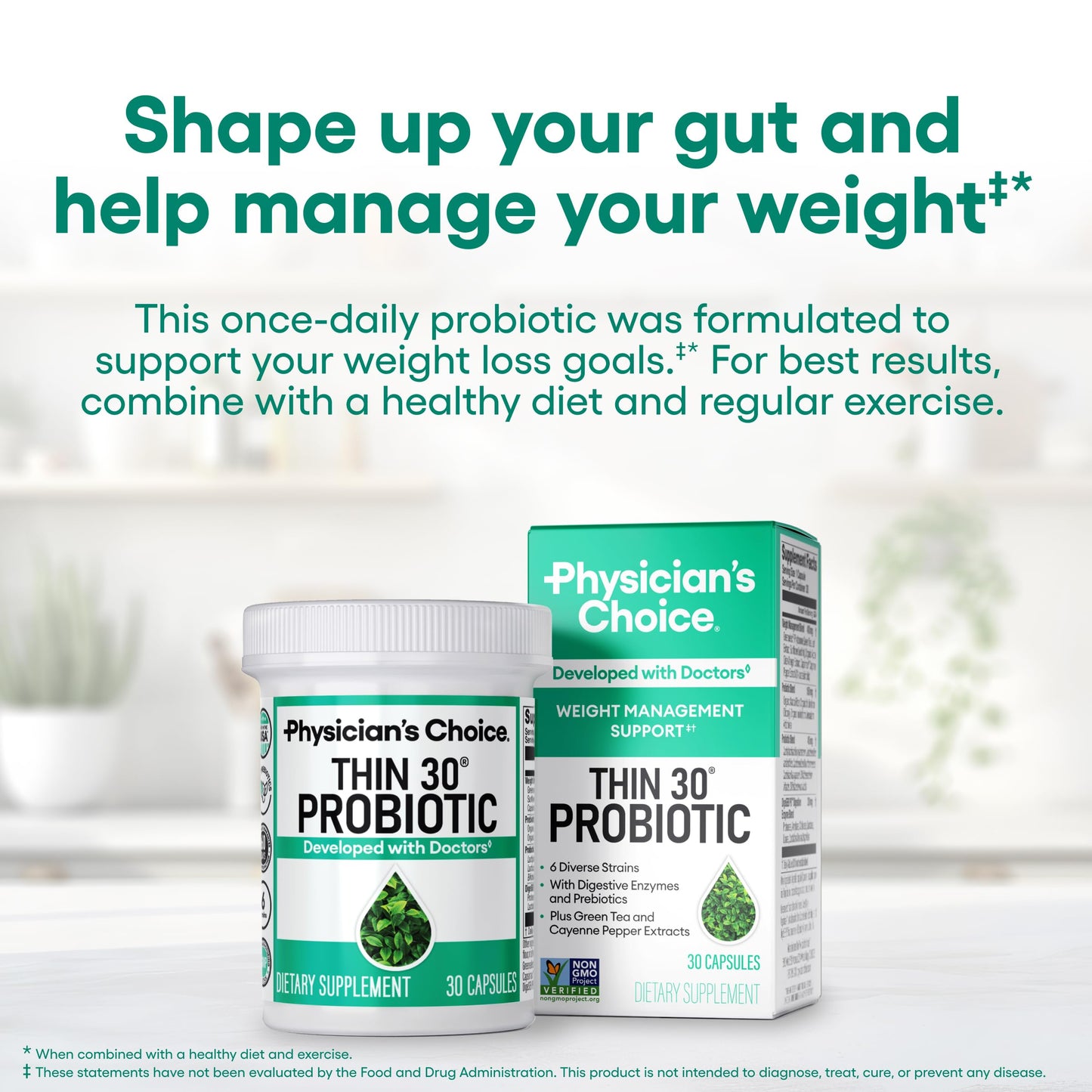 Physician's CHOICE Probiotics for Weight Management & Bloating, 30ct | 6 Probiotic Strains, Prebiotics, Cayenne, & Green Tea for Gut Health, Bloating Relief, & Weight Management for Women & Men