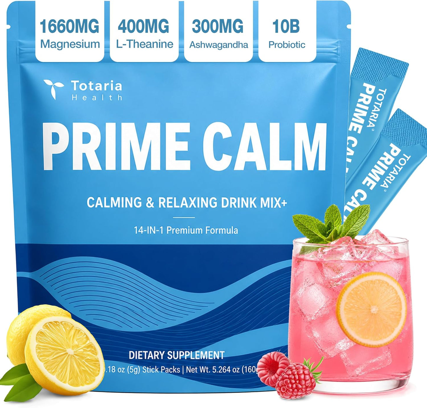 PrimeCalm Drink Mix | Cortisol Reducer* Stress Mood & Sleep Aid with Magnesium Glycinate, Ashwagandha, L-Theanine, 10B Probiotic, No Sugar, 32 Ct.