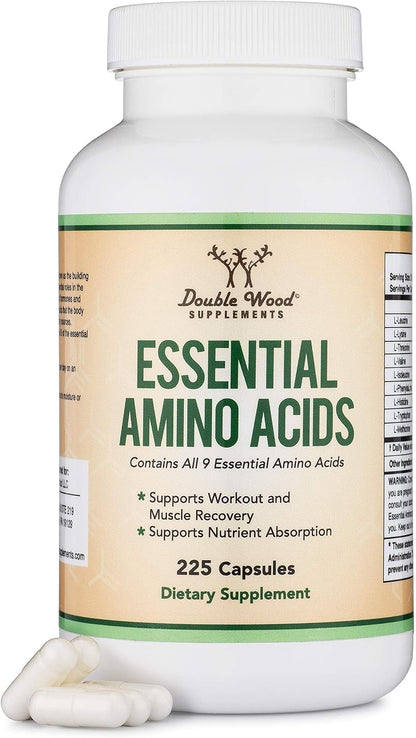 Essential Amino Acids - 1 Gram Per Serving Powder Blend of All 9 Essential Aminos (EAA) and All Branched-Chain Aminos (BCAAs) (Leucine, Isoleucine, Valine) 225 Capsules, Gluten Free by Double Wood