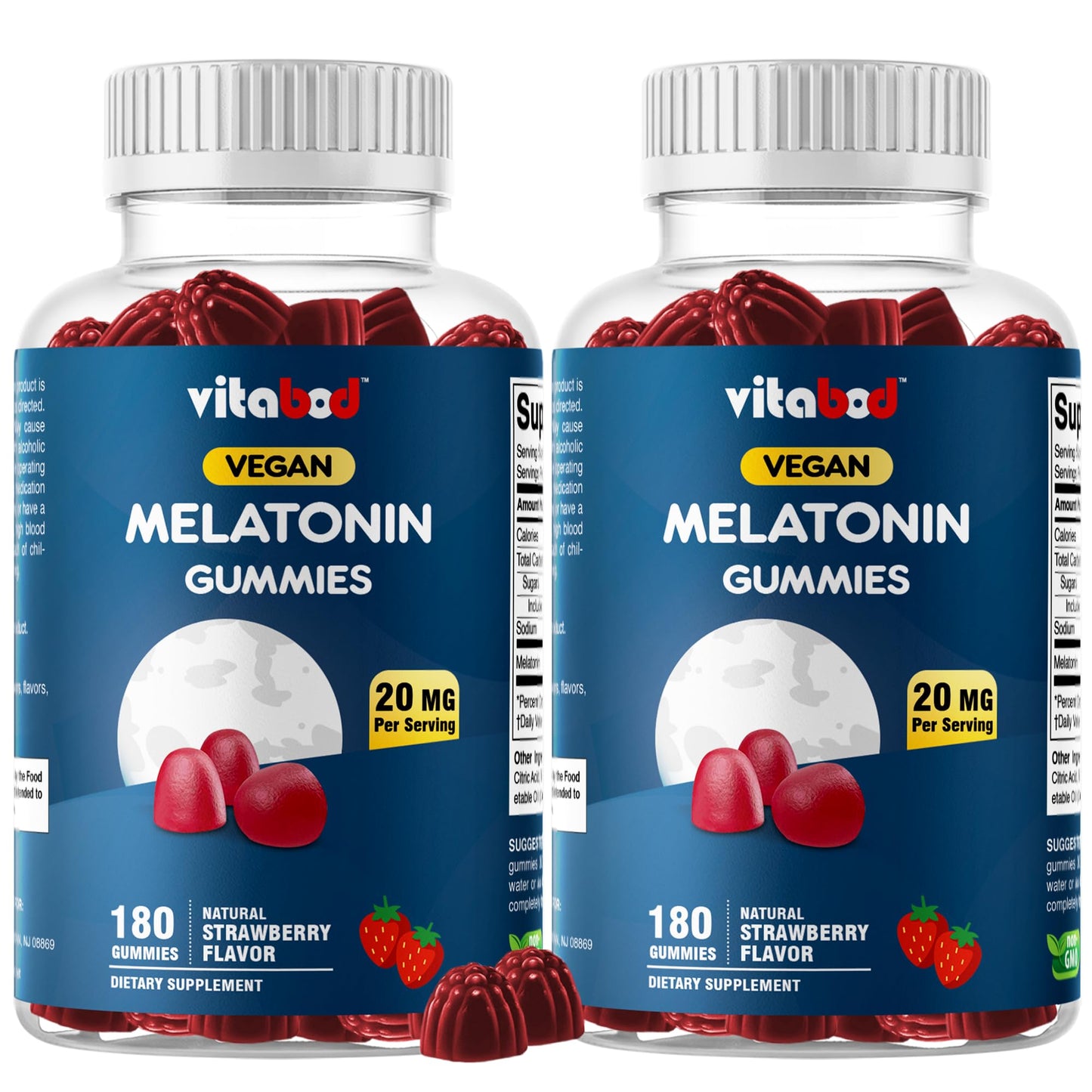 Vitabod Melatonin 20mg Gummies - 180 Count - Drug Free - Natural Strawberry Flavor - Vegetarian, Non-GMO, Gluten Free (1 Bottles)