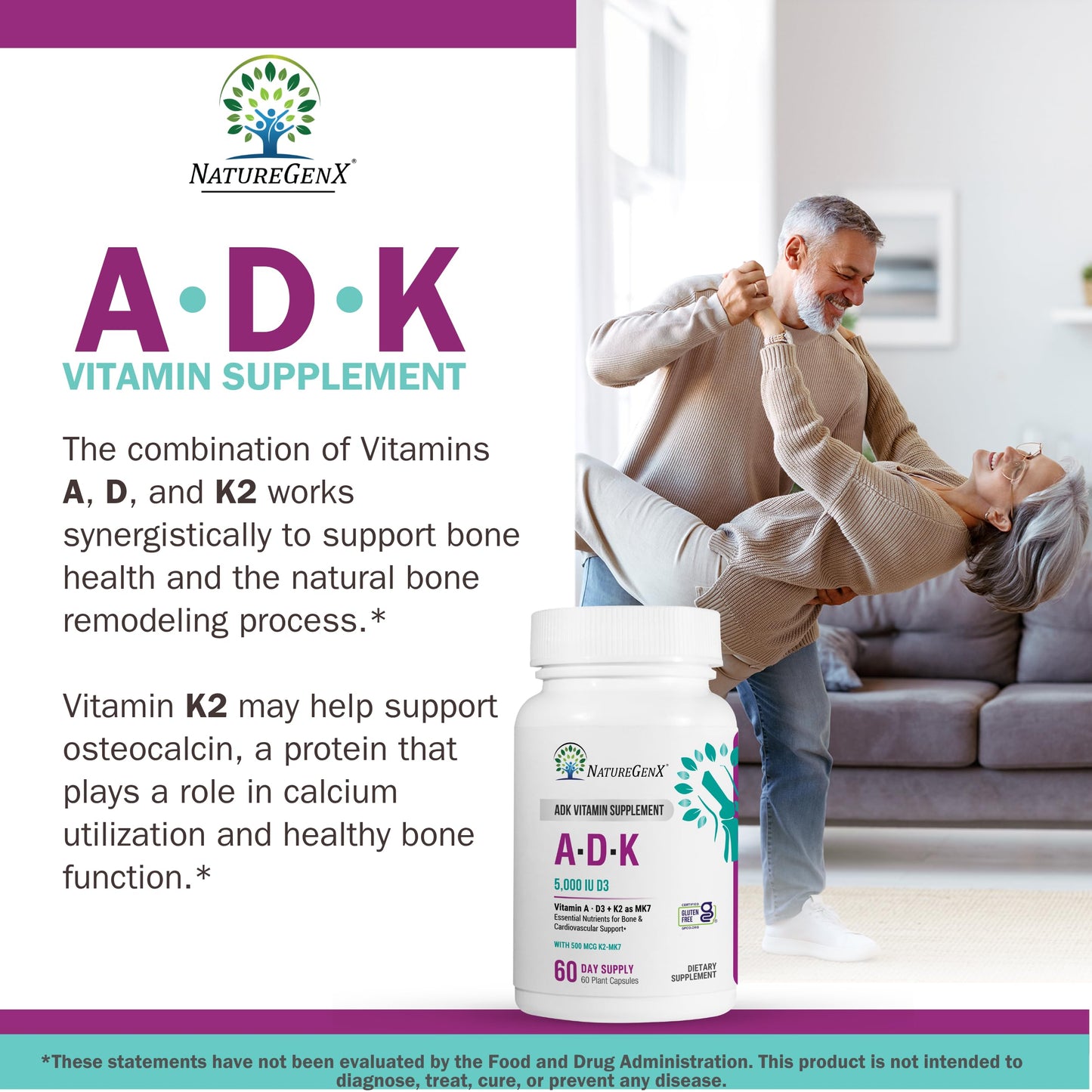 NatureGenX ADK Vitamin Supplement – Vitamins A, D3 & K2 MK-7 for Bone Health & Calcium Absorption – Gluten-Free, Non-GMO, Soy-Free – 60 Capsules (2-Month Supply) | For Bone Health & Calcium Absorption - Immune Support, Gluten-Free, Non-GMO, Soy-Free - 60