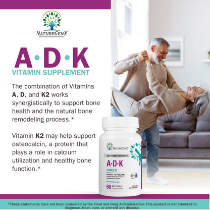 NatureGenX ADK Vitamin Supplement – Vitamins A, D3 & K2 MK-7 for Bone Health & Calcium Absorption – Gluten-Free, Non-GMO, Soy-Free – 60 Capsules (2-Month Supply) | For Bone Health & Calcium Absorption - Immune Support, Gluten-Free, Non-GMO, Soy-Free - 60
