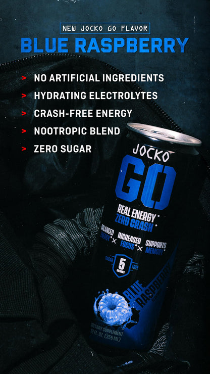 Jocko Fuel Blue Raspberry Energy Drink, 12 Pack, 0 Sugar, 95mg Caffeine, Supports Brain