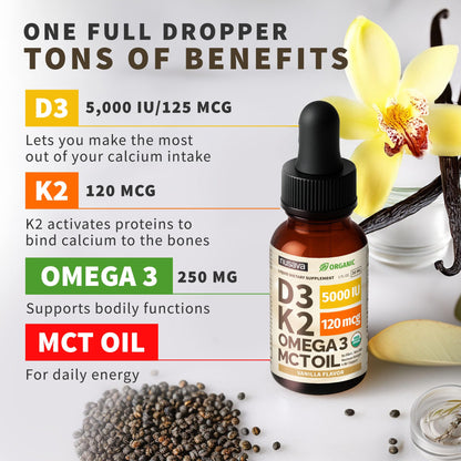 (2 Pack) Organic Vitamin D3 K2 Drops with MCT Oil & Omega 3 - Liquid Vitamin D3 5000 IU - K2 D3 Vitamin Supplement - Vitamin D Drops for Women & Men - No Fillers, Non-GMO, GMP, Unflavored (2 Fl Oz)