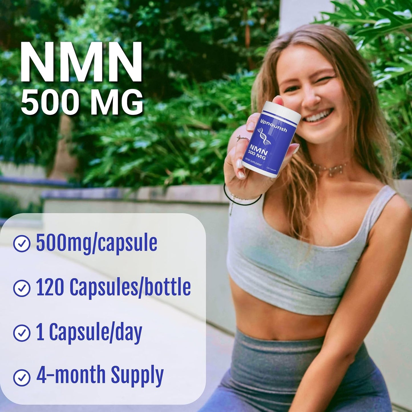 UpNourish NMN 500mg 120 Capsules - Beta Nicotinamide Mononucleotide NAD Supplement - Nicotinamide Riboside Alternative for Women & Men