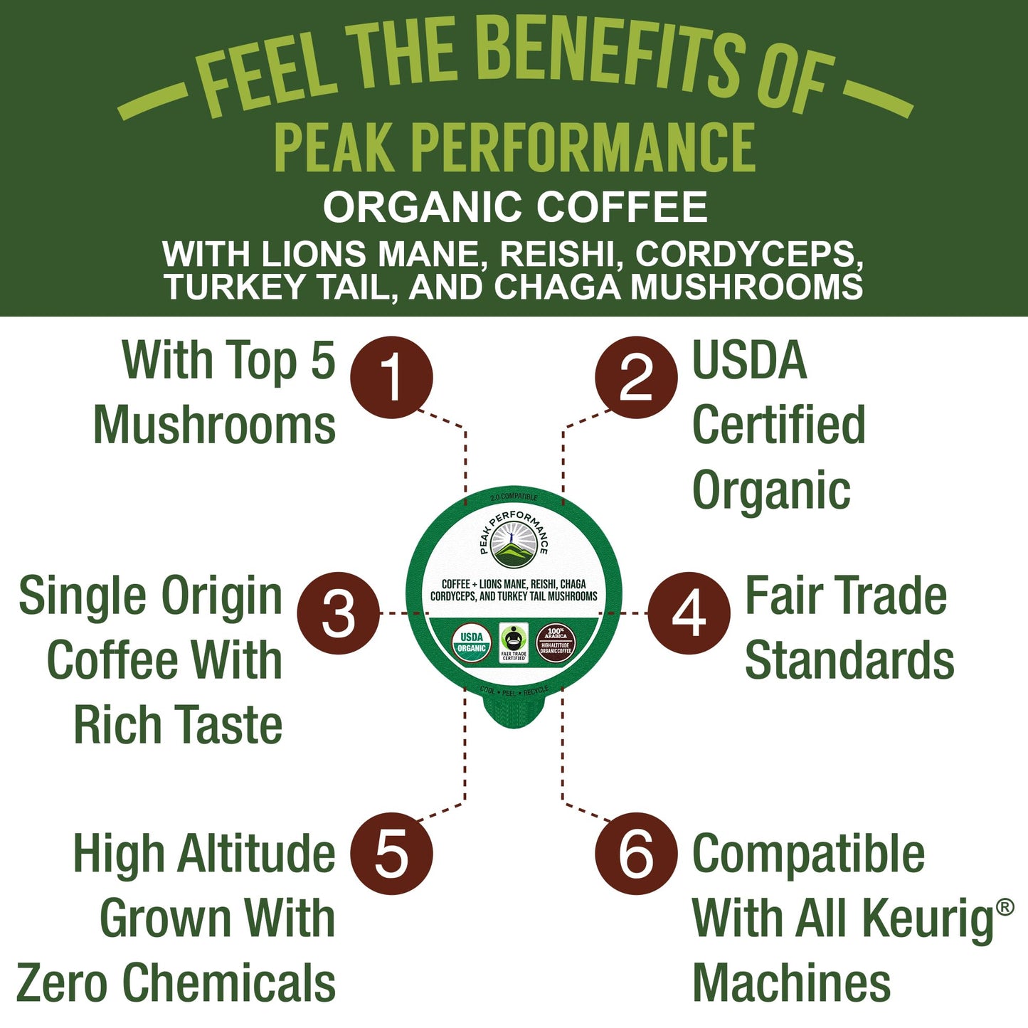 Organic Mushroom Coffee Pods with Lion's Mane, Reishi, Cordyceps, Turkey Tail, and Chaga Mushrooms. High Altitude, Low Acid, Smooth Tasting, Fair Trade, Instant Nootropic Coffee (Medium Roast Ground)