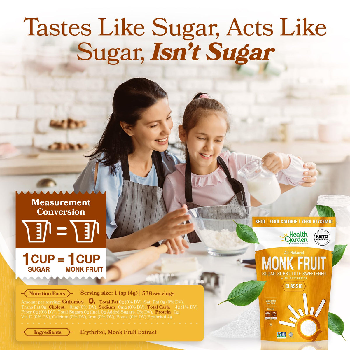 Health Garden Monk Fruit Sweetener, Golden Sugar Substitute - 2.5 lb