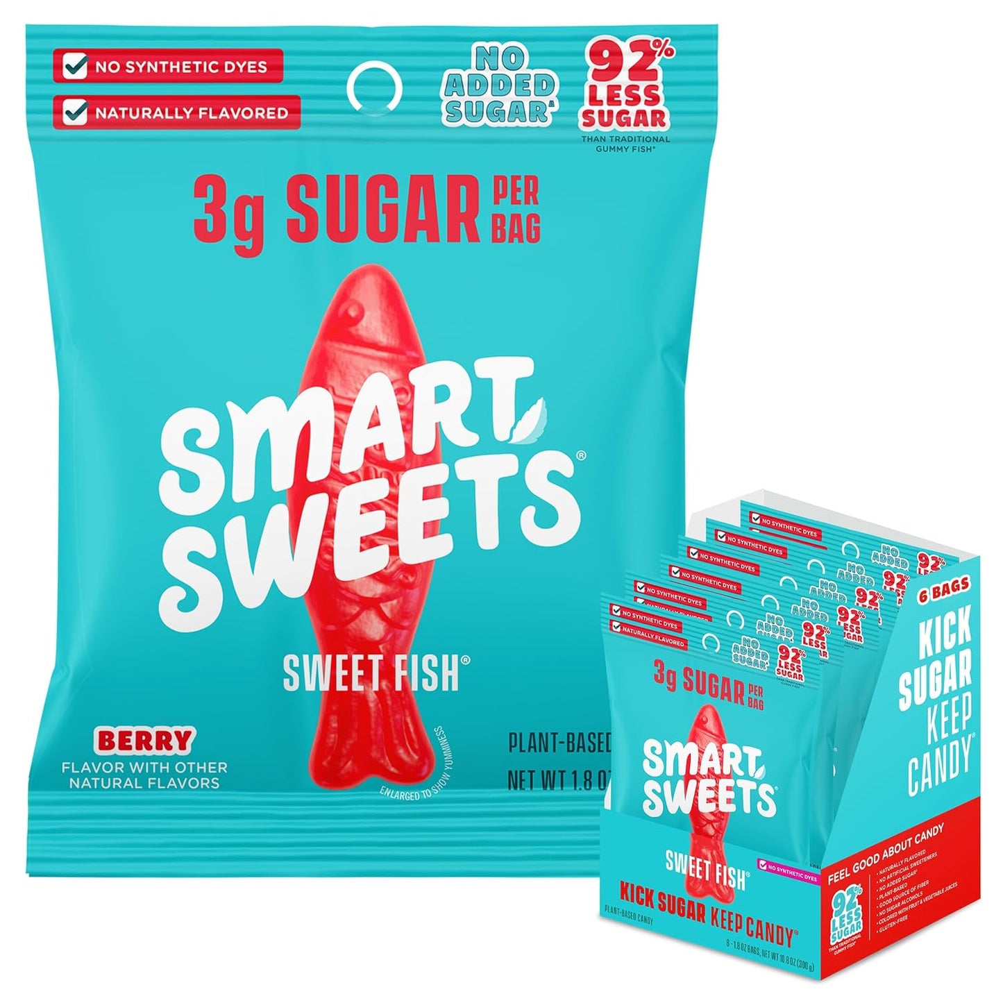 SmartSweets Sweet Fish, Low Sugar Gummy Candy (3g), Low Calorie (130), Gluten-Free -1.8oz (Pack of 6) Packaging may vary | Gluten Free, Plant Based, Healthy Snacks For Adults & Kids, Fiber Candy, Fun Chewy Berry Flavored Gummies, Healthy Candy
