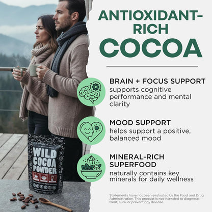 Wild Foods Organic Cocoa Powder Unsweetened for Baking & Cooking, Raw Cacao Powder, Organic Single-Origin Non-Dutched Dark Cocoa, 100% Pure, Non-GMO, Vegan Keto Superfood, Purity Tested, 12 oz