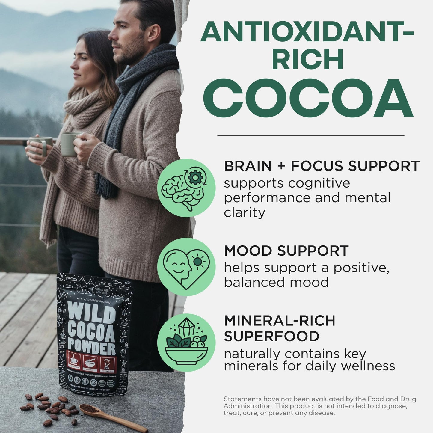 Wild Foods Organic Cocoa Powder Unsweetened for Baking & Cooking, Raw Cacao Powder, Organic Single-Origin Non-Dutched Dark Cocoa, 100% Pure, Non-GMO, Vegan Keto Superfood, Purity Tested, 12 oz