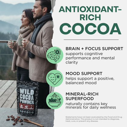 Wild Foods Organic Cocoa Powder Unsweetened for Baking & Cooking, Raw Cacao Powder, Organic Single-Origin Non-Dutched Dark Cocoa, 100% Pure, Non-GMO, Vegan Keto Superfood, Purity Tested, 12 oz