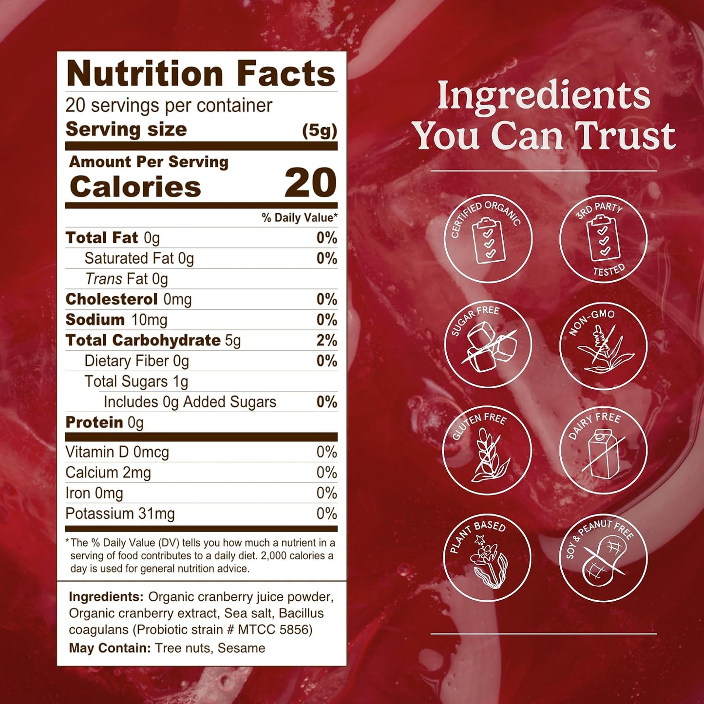 Organic Traditions Cranberry Powder, Organic Cranberry Juice Powder with Cranberries and Probiotics, No Added Sugar, Plant-Based Powder for Smoothies and Recipes, Vegan Non-GMO, 100g / 3.5oz Bag