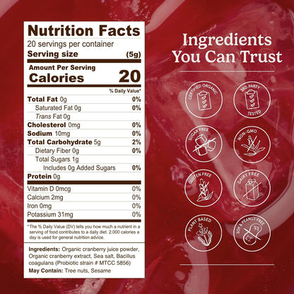 Organic Traditions Cranberry Powder, Organic Cranberry Juice Powder with Cranberries and Probiotics, No Added Sugar, Plant-Based Powder for Smoothies and Recipes, Vegan Non-GMO, 100g / 3.5oz Bag