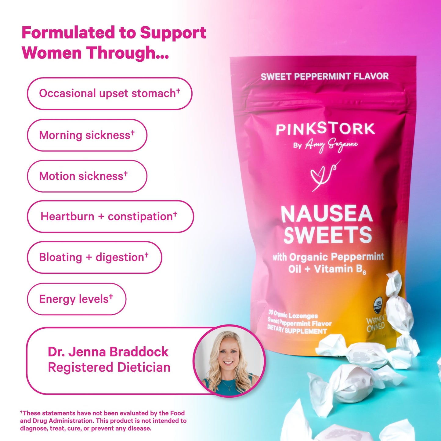 Pink Stork Organic Peppermint Sweets, Peppermint, 30 Candies | Morning Sickness Support, Motion Sickness Support, Added Vitamin B6, 1st Trimester Pregnancy Must Haves, Wrapped