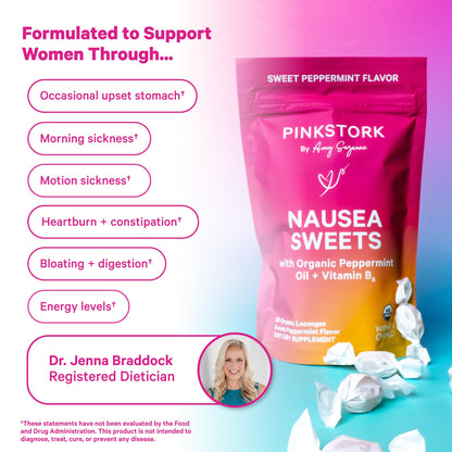 Pink Stork Organic Peppermint Sweets, Peppermint, 30 Candies | Morning Sickness Support, Motion Sickness Support, Added Vitamin B6, 1st Trimester Pregnancy Must Haves, Wrapped