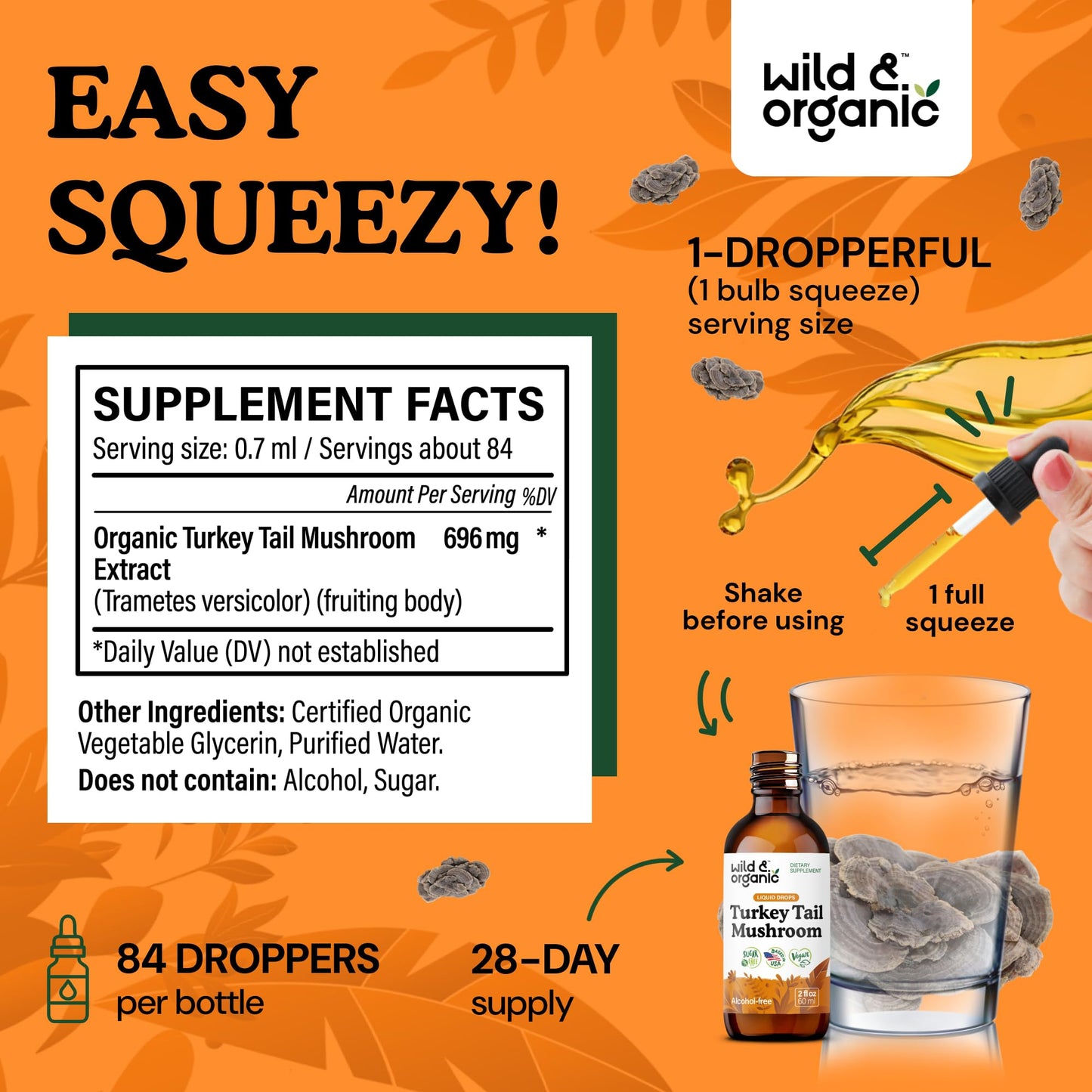 Wild & Organic Turkey Tail Mushroom Tincture - Immune Support Drops with Turkey Tail Extract - Liquid Mushroom Supplement for Gut Support - Vegan, Sugar & Alcohol-Free - 4 fl oz