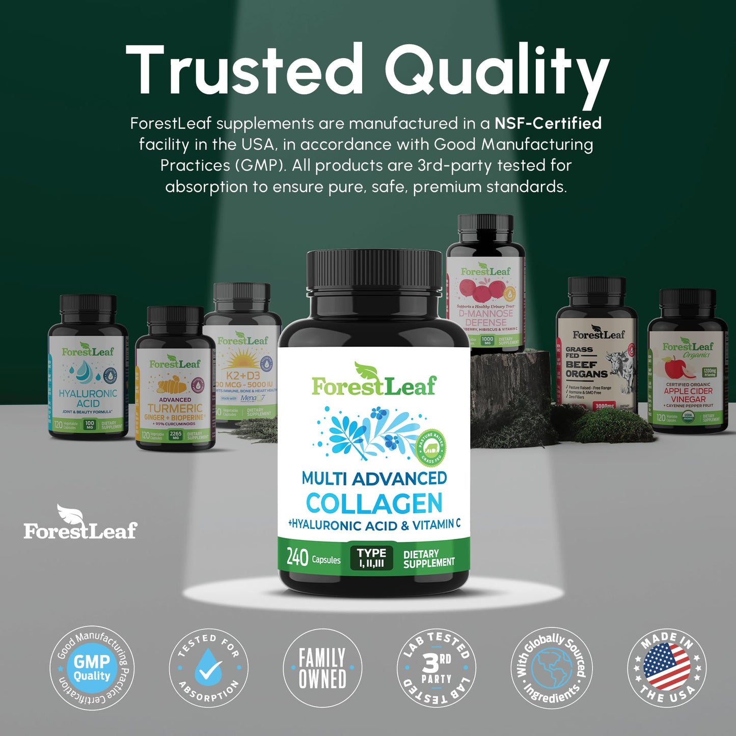 ForestLeaf Multi Collagen Pills with Hyaluronic Acid + Vitamin C | Hydrolyzed Collagen Supplements for Women or Men | Multi Collagen Capsules Peptides for Skin, Wrinkles, 120 Caps