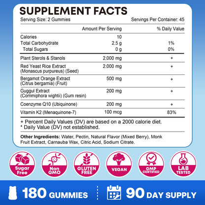 Cholesterol Lowering Supplements Gummies, Cholesterol Gummies with Plant Sterols & Stanols, Red Yeast Rice, Lower Cholesterol Naturally – Vegan, Non-GMO, Mixed Berry Flavor, 90Ct