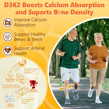 Vitamin D3 K2 Gummies 5000IU / 10,000 IU with Omega-3 250mg + K2(MK-7) 100mcg - 5X Absorption Than Standard D3K2,with Vitamin C, Zinc,and 5 Organic Vegetables,Supports Bone & Teeth Strength, Immune