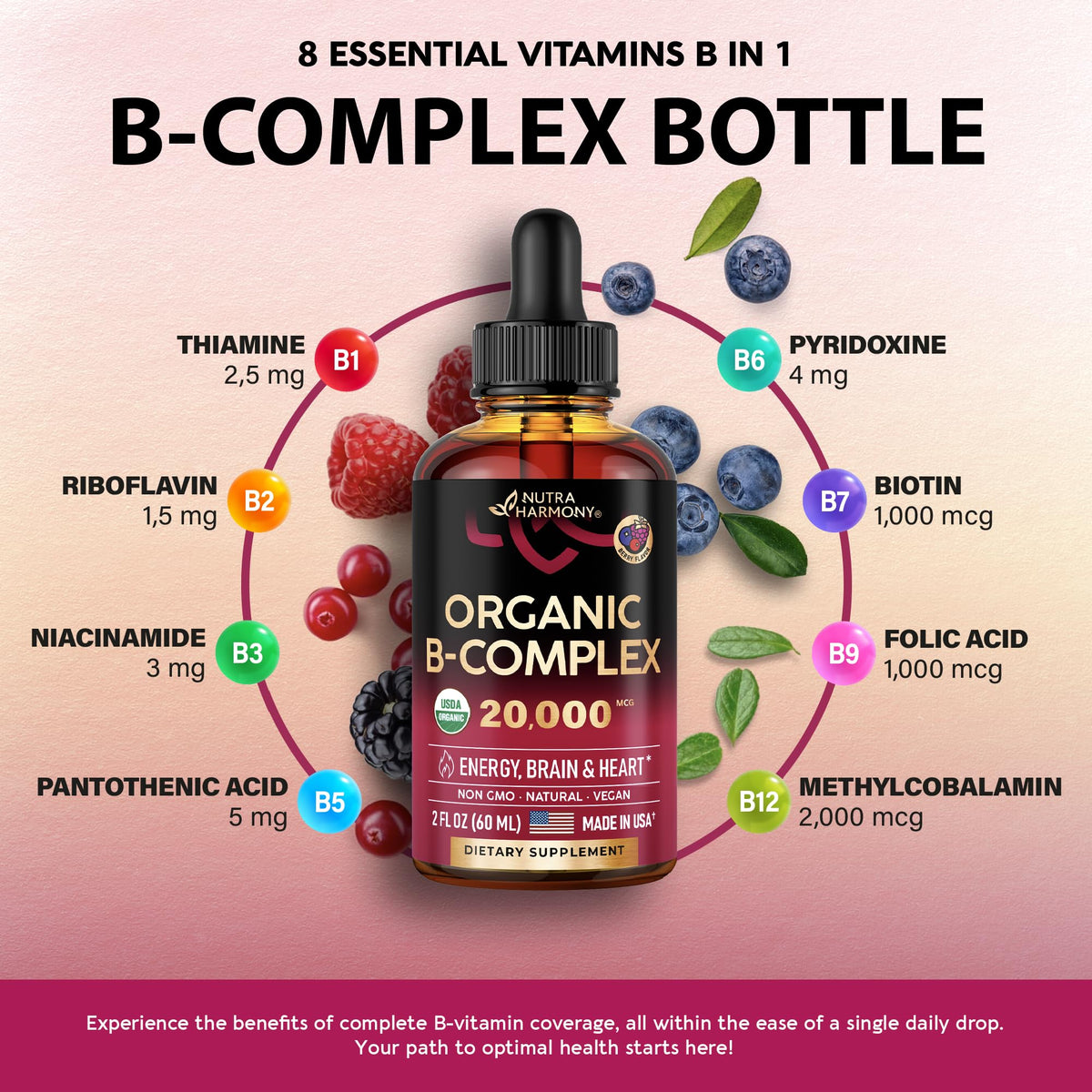 USDA Organic Vitamin B Complex Liquid Drops - 8-in-1 B Complex Vitamins: B1, B2, B3, B5