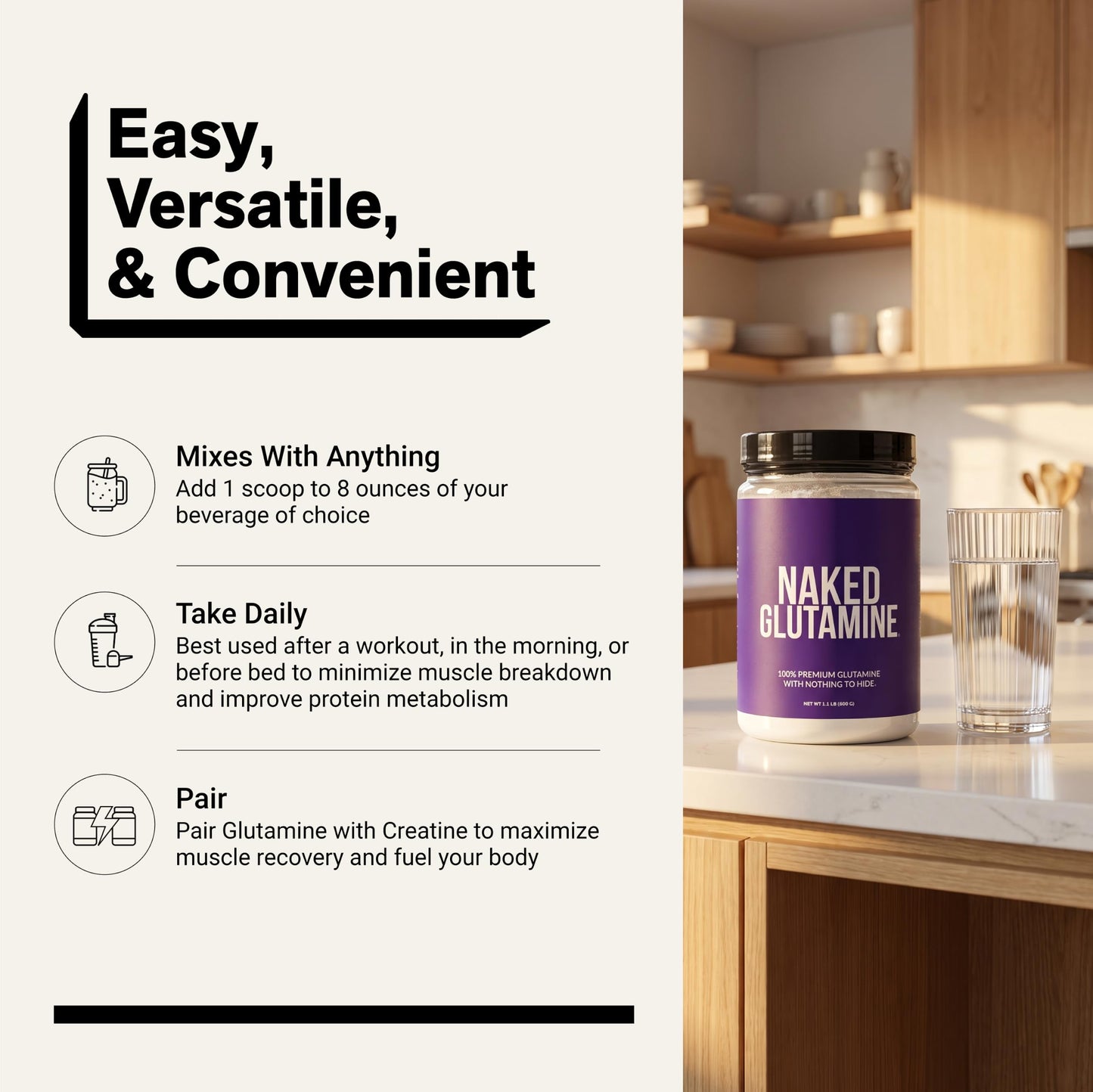 Pure L-Glutamine Made in the USA - 200 Servings - 1,000g, 2.2lb Bulk, Vegan, Non-GMO, Gluten and Soy Free. Minimize Muscle Breakdown & Improve Protein Synthesis. No Additives