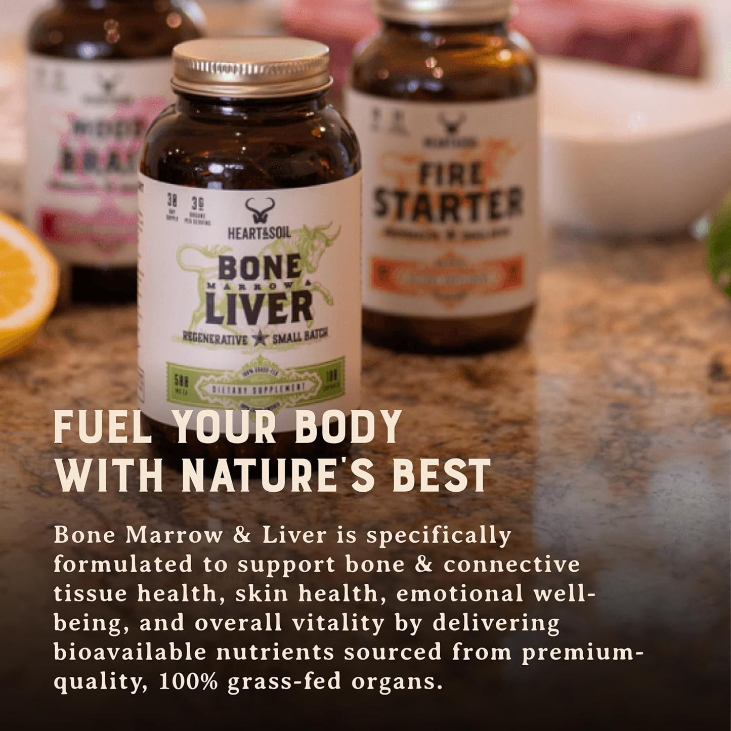 HEART & SOIL Bone Marrow & Beef Liver, 180 Capsules | 100% grass fed & finished from regenerative cattle. Supports bones, joints, tissue & skin. 3000mg for women & men.