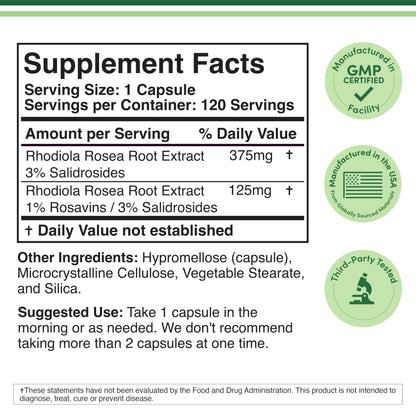 Rhodiola Rosea Supplement 500mg, 120 Vegan Capsules (Third Party Test, Gluten Free, 3% Salidrosides, 1% Rosavins Extract) for Performance, Calming, Motivation by Double Wood