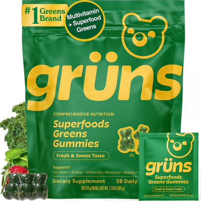 Adult Greens Gummies & Daily Multivitamin, Prebiotic Fiber, 28 ct | Adaptogens, Superfoods, 20+ Vitamins & Minerals, Digestion, Daily Support