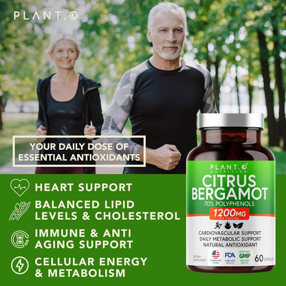 Citrus Bergamot Supplement 1200mg Highly Concentrated to 70% Polyphenols - Pure Bergamot Extract for Heart Health, Immunity, Antioxidant - 60 Veggie Capsules, Made in USA