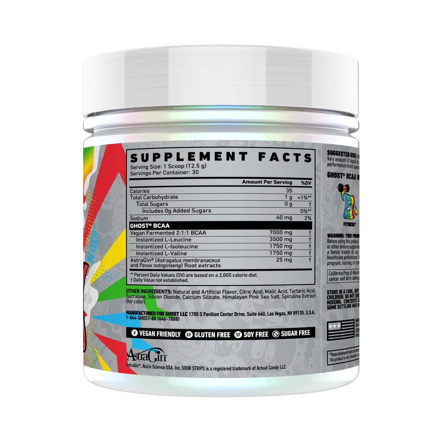 GHOST BCAA Powder Amino Acids Supplement, Sour Strips - 30 Servings - Sugar-Free Intra, Post & Pre Workout Amino Powder & Recovery Drink, 7G BCAA