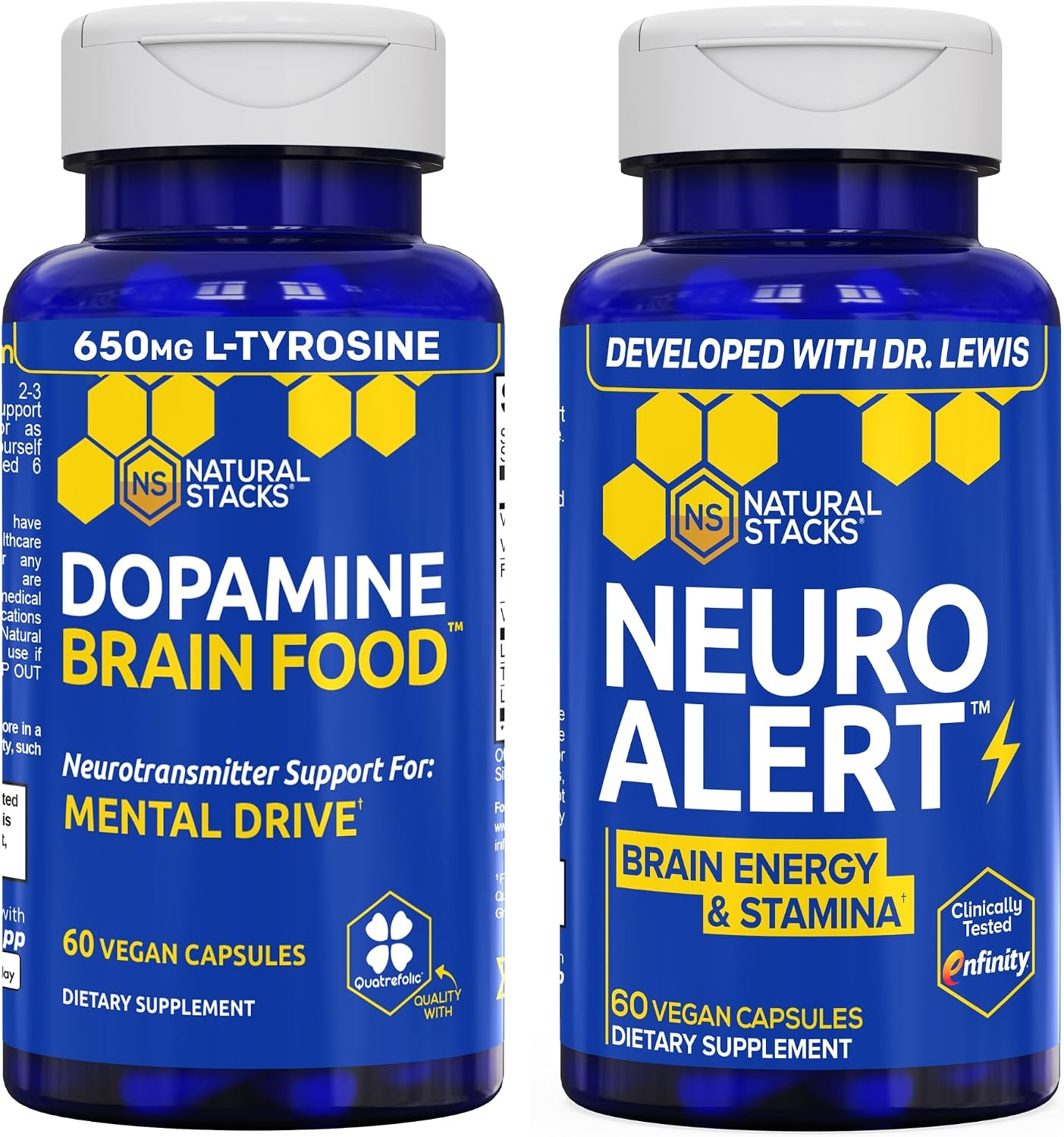 NATURAL STACKS NeuroAlert + Dopamine Brain Food Bundle - 200mg Paraxanthine & 650mg L-Tyrosine Supplement - Caffeine Free Supplement - Support for Brain Energy & Mental Drive* - 50 Total Servings