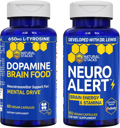 NATURAL STACKS NeuroAlert + Dopamine Brain Food Bundle - 200mg Paraxanthine & 650mg L-Tyrosine Supplement - Caffeine Free Supplement - Support for Brain Energy & Mental Drive* - 50 Total Servings