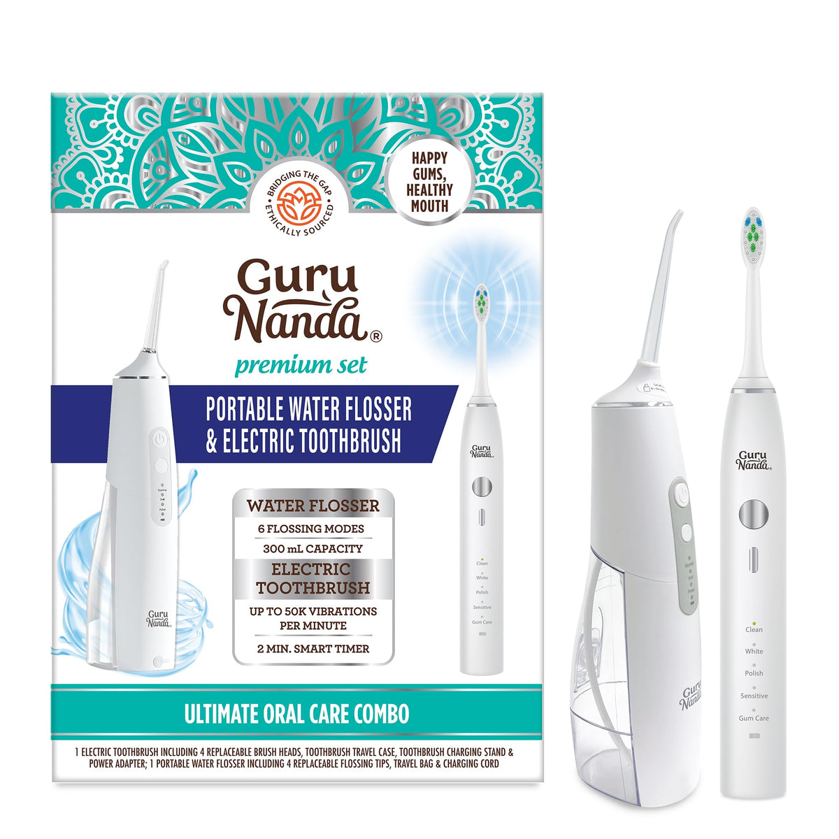 GuruNanda Lion & Lamb Kit (White) - Portable Water Flosser (300ml) with 4 Jet Tips & 5000