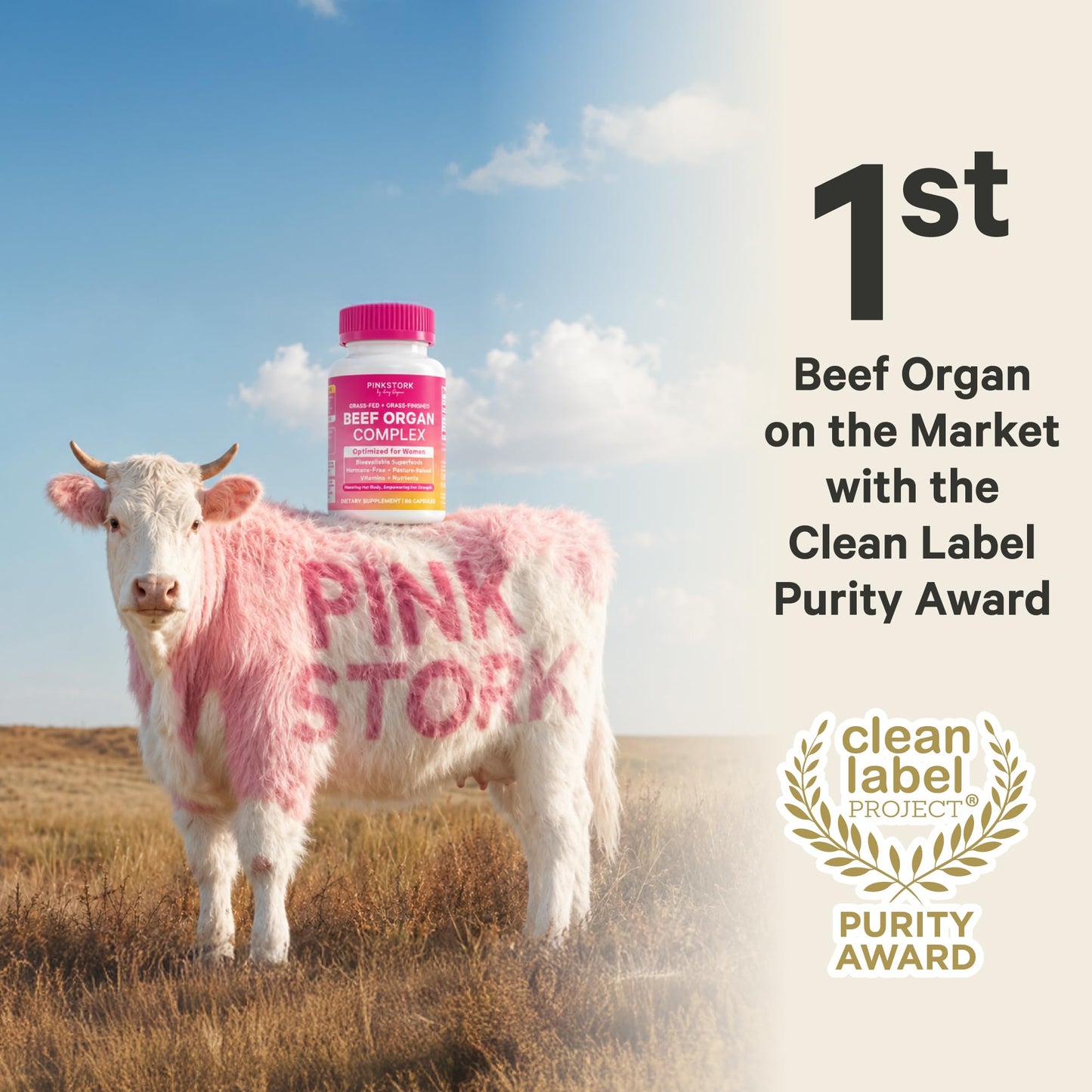 Pink Stork Beef Organ Supplement for Women, Clean Label, 60 Capsules | Grass-Fed Beef Liver Capsules, Iron, B12, CoQ10, Vitamin A, Primal Multivitamin for Hormone + Energy Support