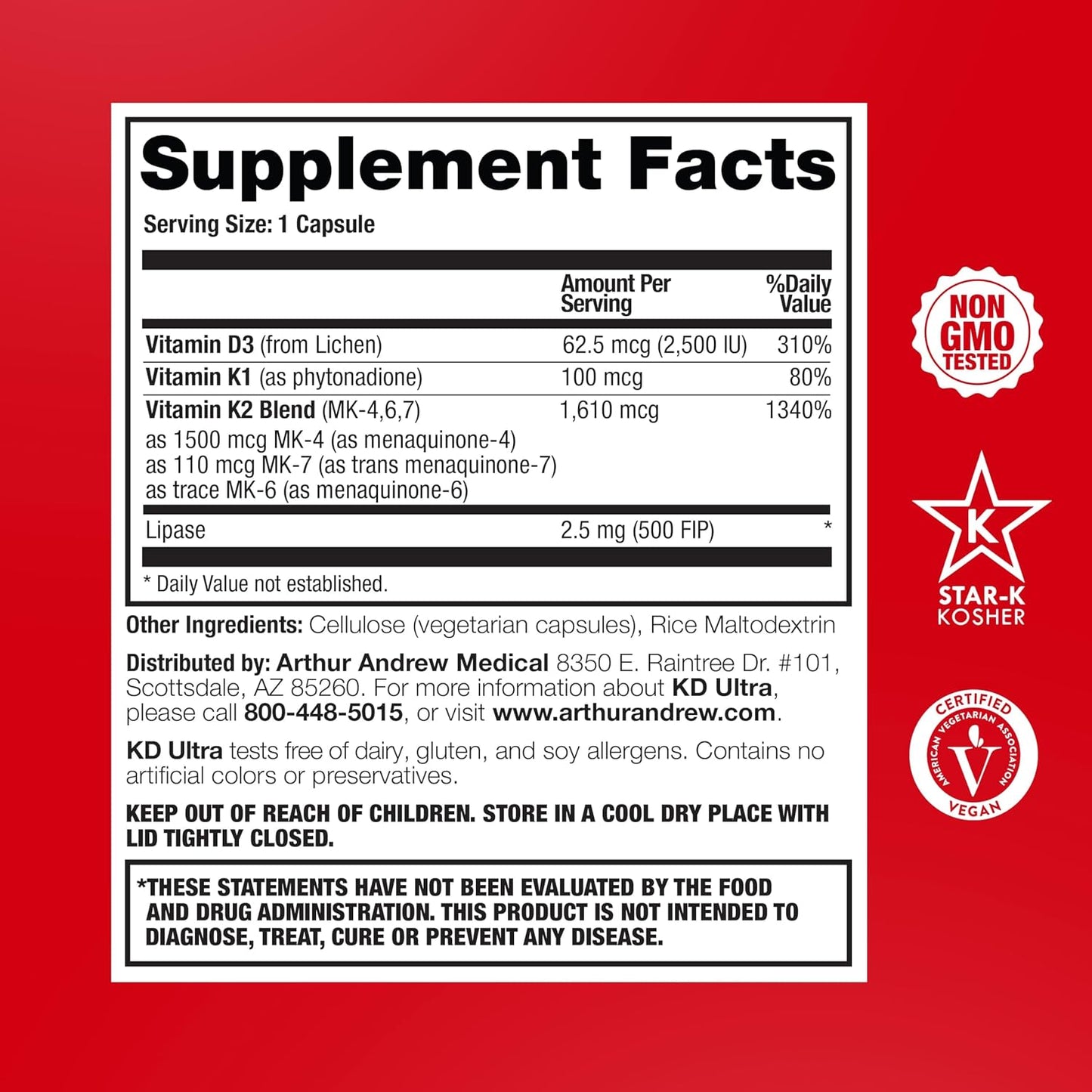 Arthur Andrew Medical, KD Ultra, Full Spectrum K2 & D3, 90 Capsules | Full Spectrum Vitamin K2 (MK4, MK6, MK7), Vitamin D3, & Lipase. Heart, Bone, And Circulation Support.