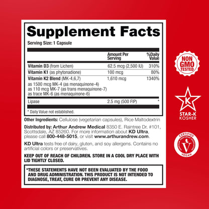 Arthur Andrew Medical, KD Ultra, Full Spectrum K2 & D3, 90 Capsules | Full Spectrum Vitamin K2 (MK4, MK6, MK7), Vitamin D3, & Lipase. Heart, Bone, And Circulation Support.