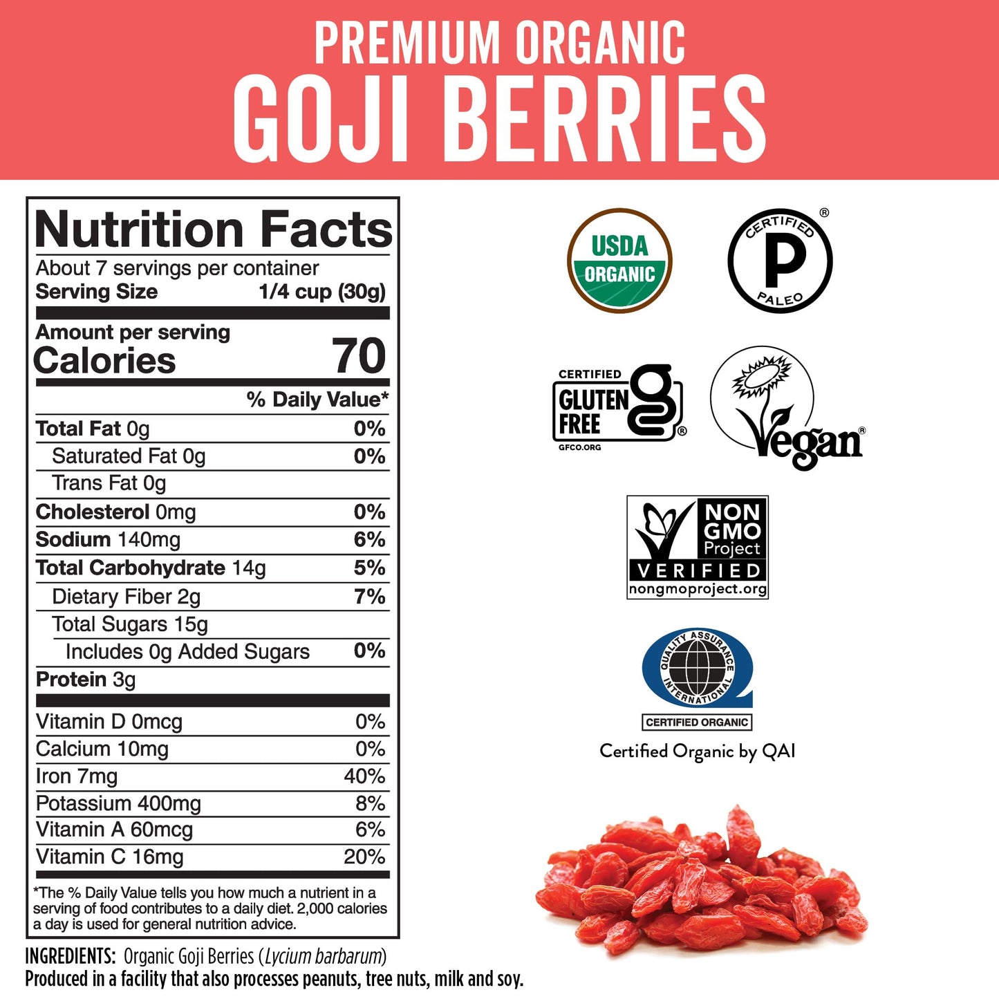 Viva Naturals Organic Dried Goji Berries, 1 lb (454 g) – Non-GMO, Vegan Wolfberries, Perfect for Goji Berry Tea, Smoothies, Baking & Snacking