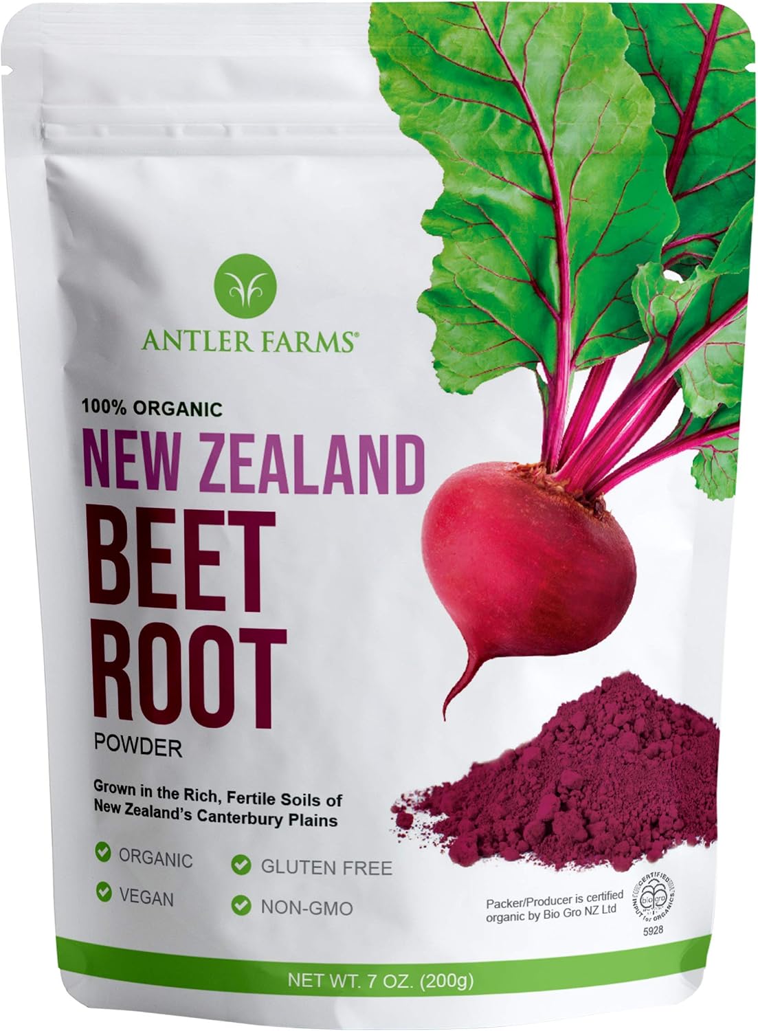 Antler Farms New Zealand Beet Root Powder - Organic, 40 Servings, 200g | 100% Pure, Freeze Dried, Raw, Vegan, Gluten Free, Naturally Rich in Nitrates for Performance & Vitality