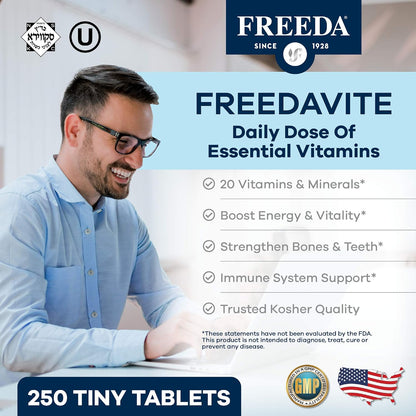 Freedavite Tiny Tablet - Moderate Multivitamin for Men and Women - Pure Vitamin A, C, D, E, B1, B2, B6, B12, Biotin, Calcium, Zinc, Iron, Magnesium, Manganese, Copper, Selenium, Iodine - 250 Count | Supports Energy, Immunity, Bone & Brain Health – 20 Esse