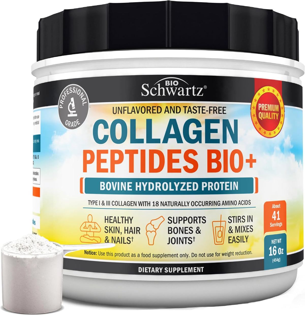 Collagen Peptides Powder for Women and Men, 16oz, 41 Servings, Unflavored