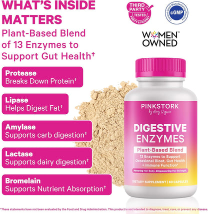 Pink Stork Digestive Enzymes for Women, 60 Capsules | 13 Plant-Based Enzymes + Amla, Supports Digestion & Gut Health, Bloating & Nutrient Absorption, GLP-1 Wellness, Vegan