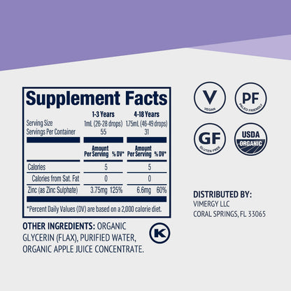 VIMERGY USDA Organic Zinc Supplements for Women & Men (7.5mg Liquid Zinc Per Serving) Fast-Absorbing Immune Support, Promotes Healthy Bones & Skin, Vegan, Up to 57 Servings (115 mL)