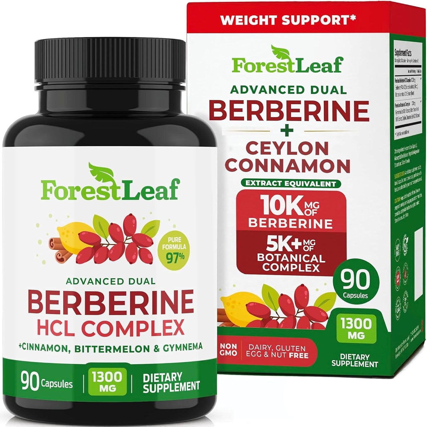 ForestLeaf Berberine Supplement - 1300mg per Serving - Ultra High Potency Berberine HCl with Ceylon Cinnamon, Bitter Melon & Gymnema - GLP-1 Weight Management Support - 90 Caps
