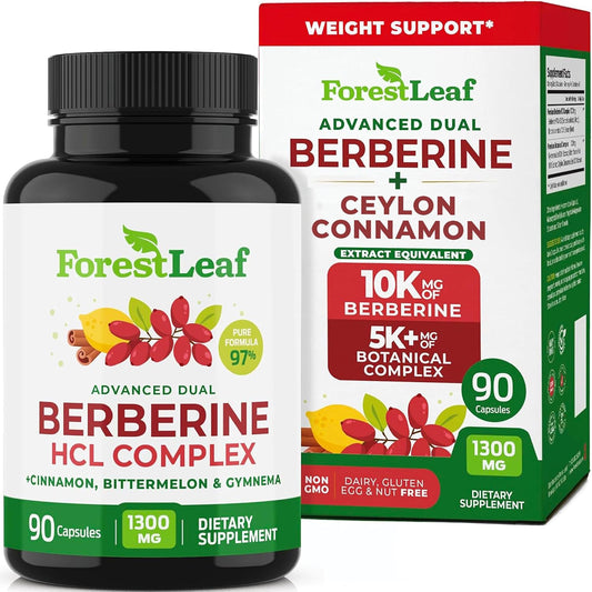 ForestLeaf Berberine Supplement - 1300mg per Serving - Ultra High Potency Berberine HCl with Ceylon Cinnamon, Bitter Melon & Gymnema - GLP-1 Weight Management Support - 90 Caps