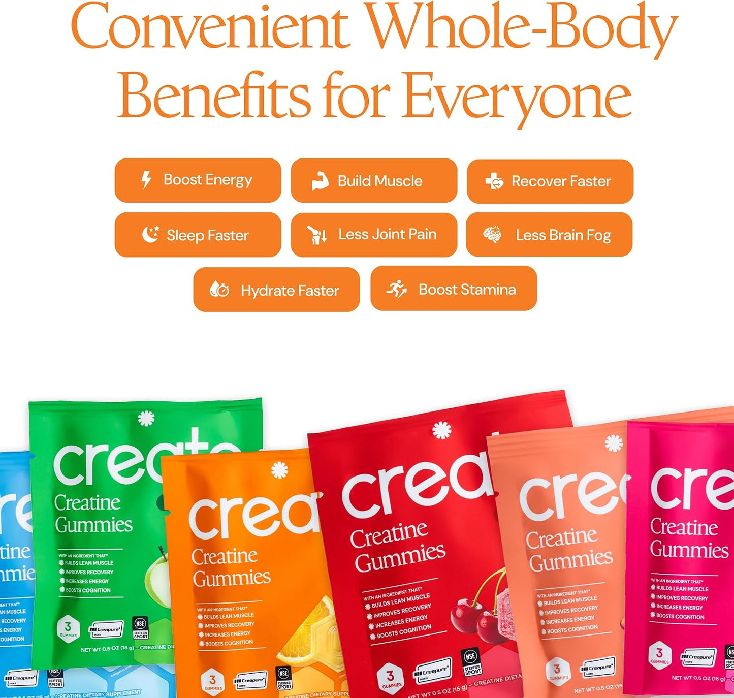 Create Creatine Gummies – Single-Serve Packs – 30ct – Variety Pack | NSF Certified for Sport – Made with Creatine Monohydrate, Vegan & Gluten-Free, Anti-Melting Formula, 3 Gummies per Pack