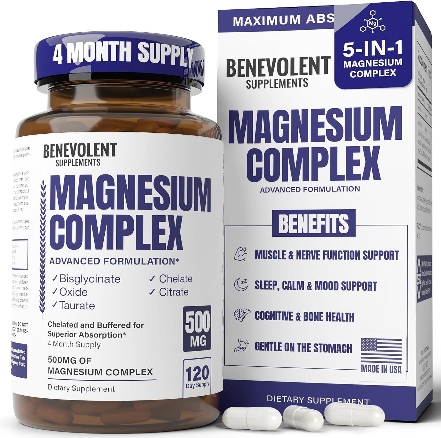 Premium Magnesium Capsules 500mg, High Absorption Formula Chelated Buffered Citrate to Support Digestion, Bone, Sleep & Muscle Health – Magnesium Complex - 120 Capsules