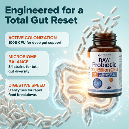 Wholesome Wellness Organic Raw Probiotics 100 Billion CFU, Dr Formulated for Women and Men, Complete Adult Supplement with Prebiotics and Digestive Enzymes; 30 Capsules, Shelf Stable