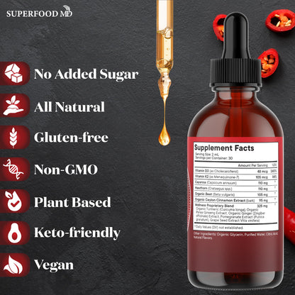 Cayenne Pepper Supplement Liquid Drops + Hawthorn Berry, Vitamin D3 K2 Beet Root Powder, Ceylon Cinnamon, Turmeric Curcumin, Organic Panax Ginseng - 4 OZ