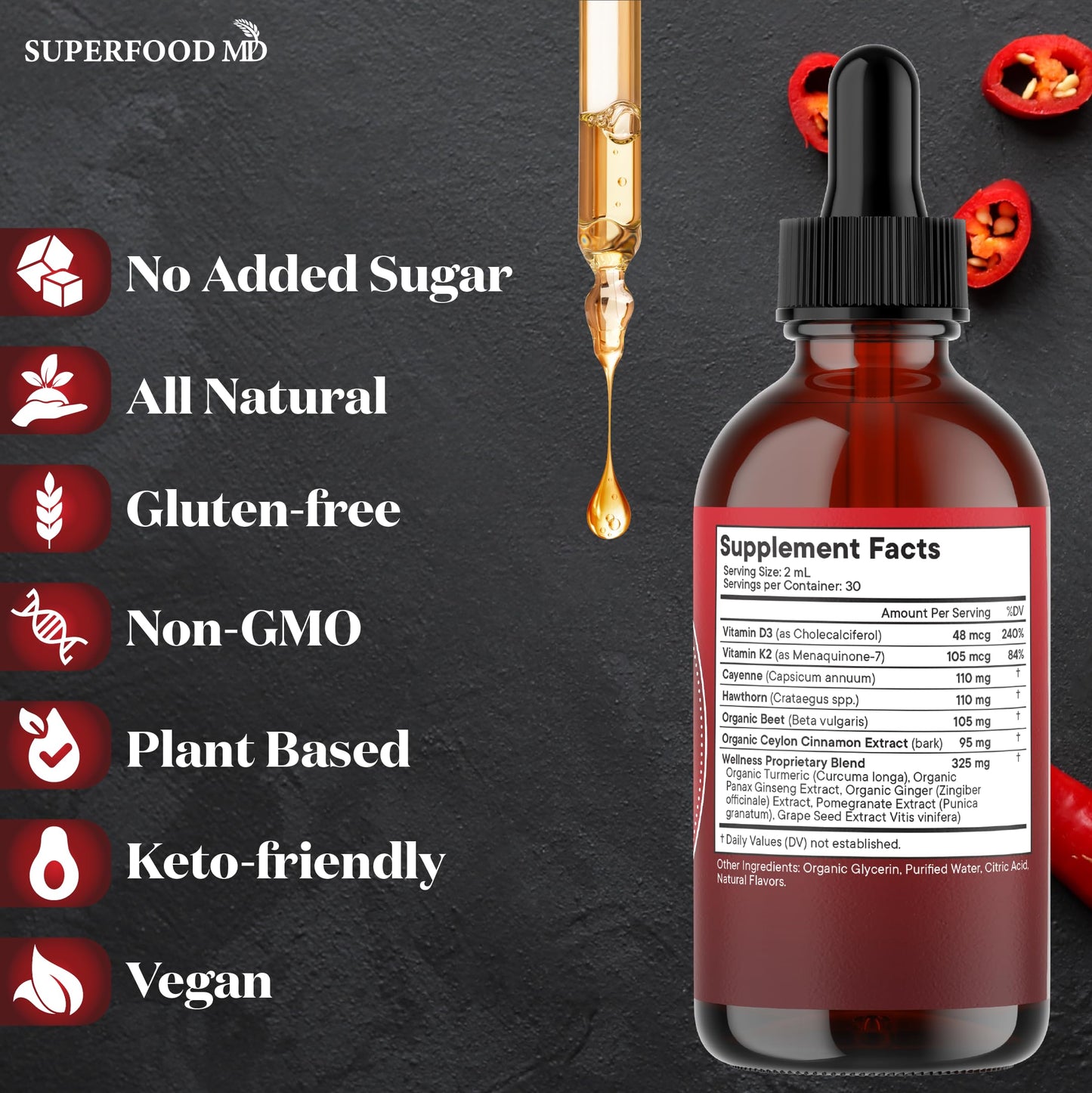 Cayenne Pepper Supplement Liquid Drops + Hawthorn Berry, Vitamin D3 K2 Beet Root Powder, Ceylon Cinnamon, Turmeric Curcumin, Organic Panax Ginseng - 4 OZ